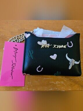 Betsey Johnson Black Wallet Card Case with Western Theme Pink & Green Embroidery